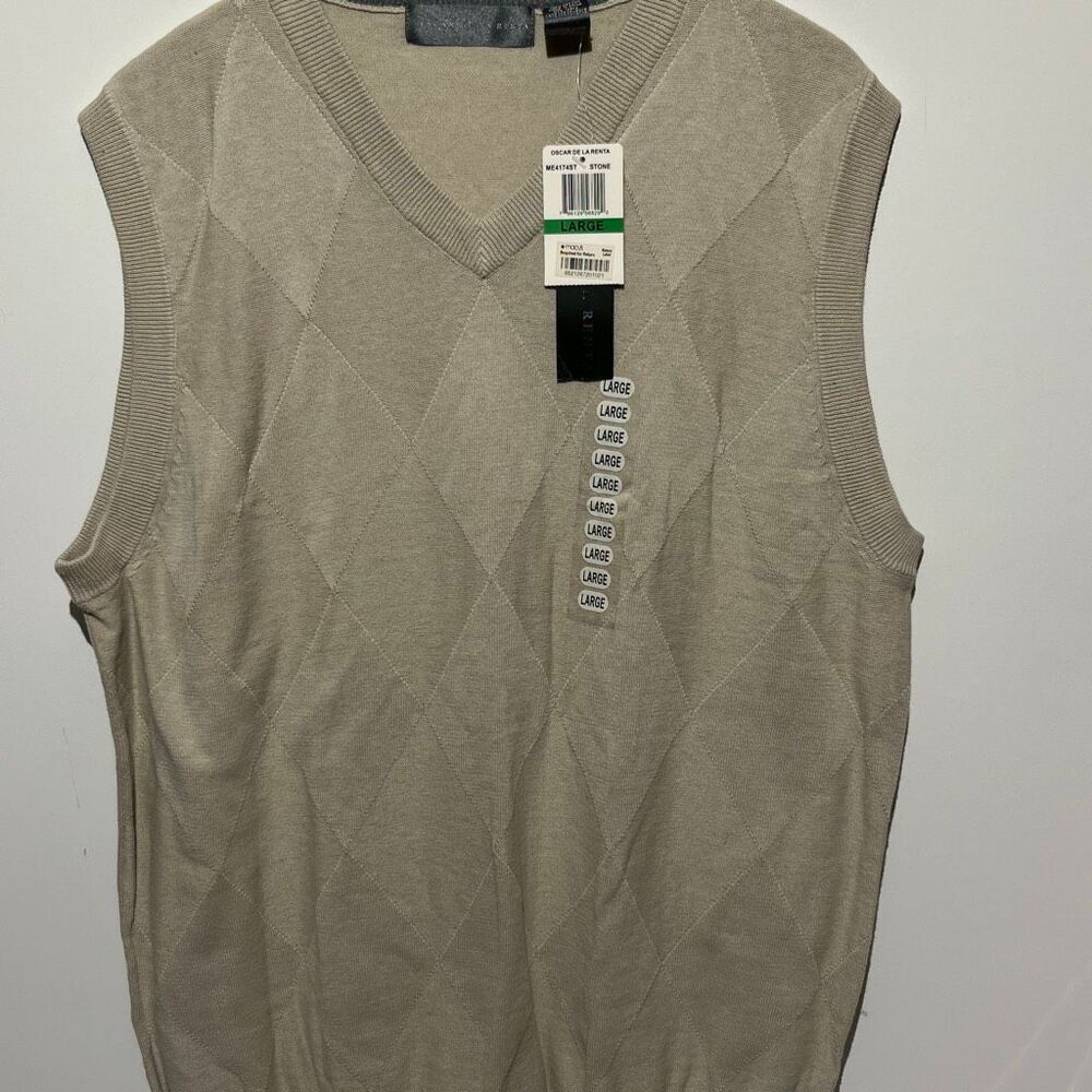 Oscar De La Renta Men's Stone Argyle V-Neck 100% Cotton Sweater Vest Large NWT